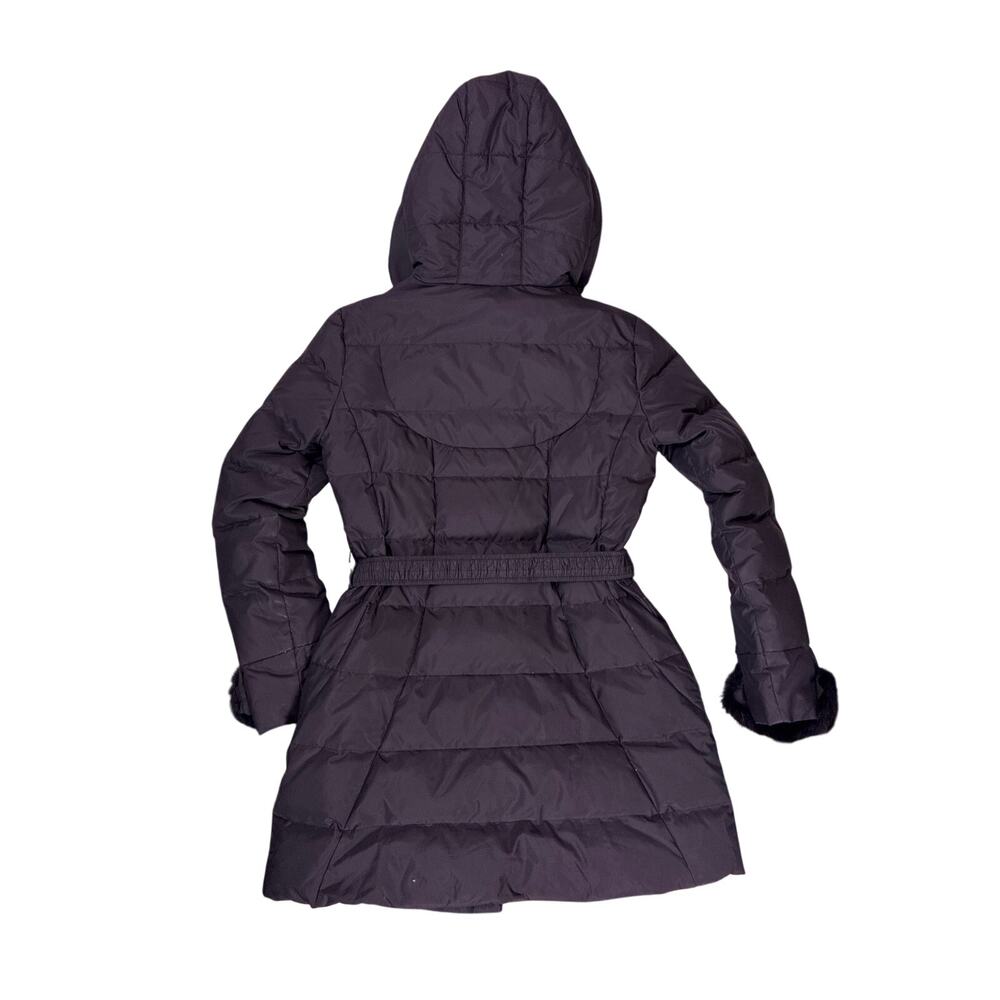 T Tahari Down Puffer Coat Womens Large Black Belted Rabbit Fur Trim Hood Sleeves - Picture 5 of 7
